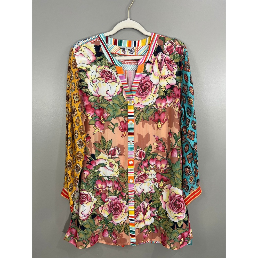 John Mark Tunic Top Womens Large Multicolor Great Floral Stripe Mixed Media